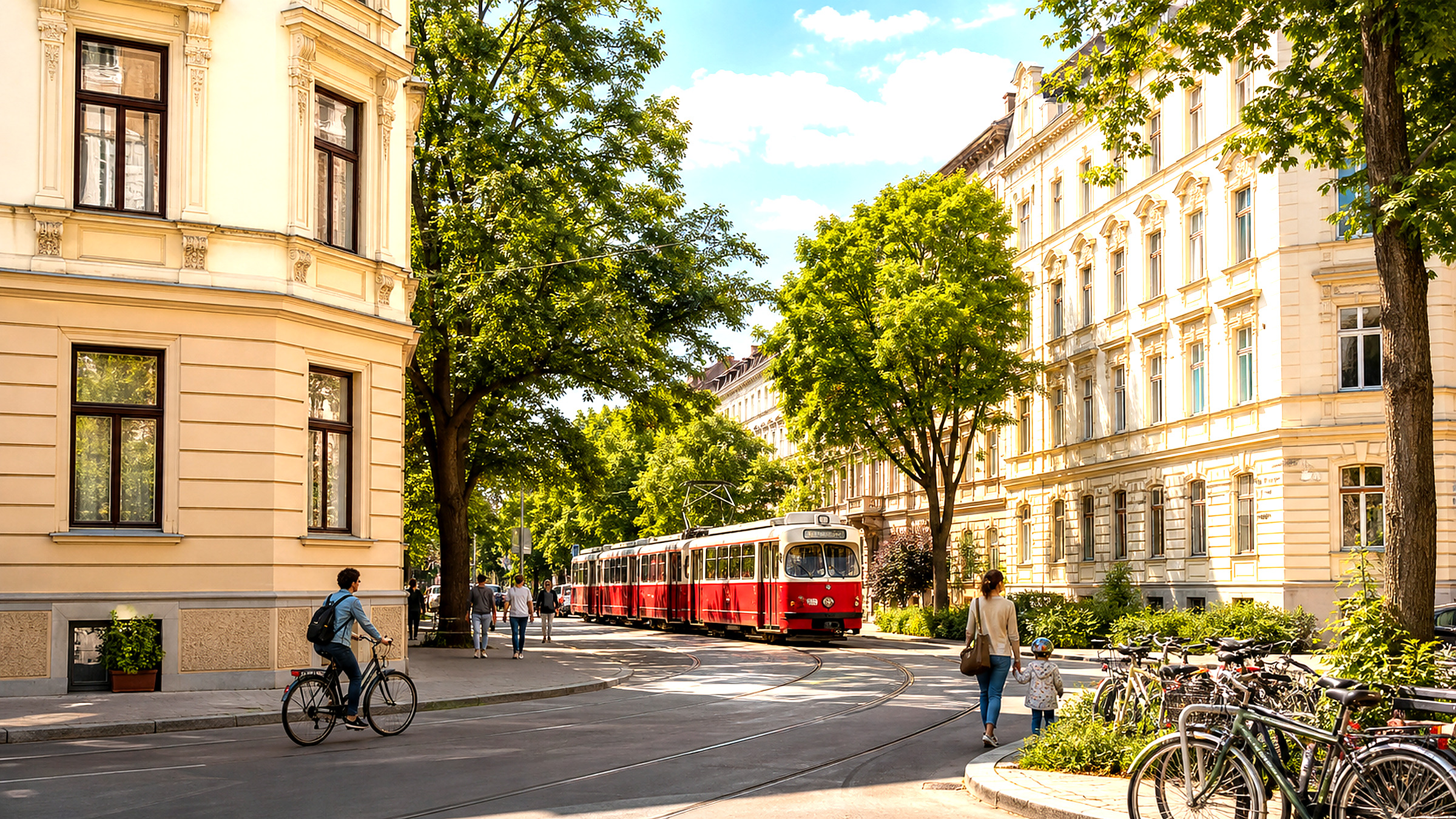 Wiener Wohnstraße mit Häusern und Straßenbahn im Alltag